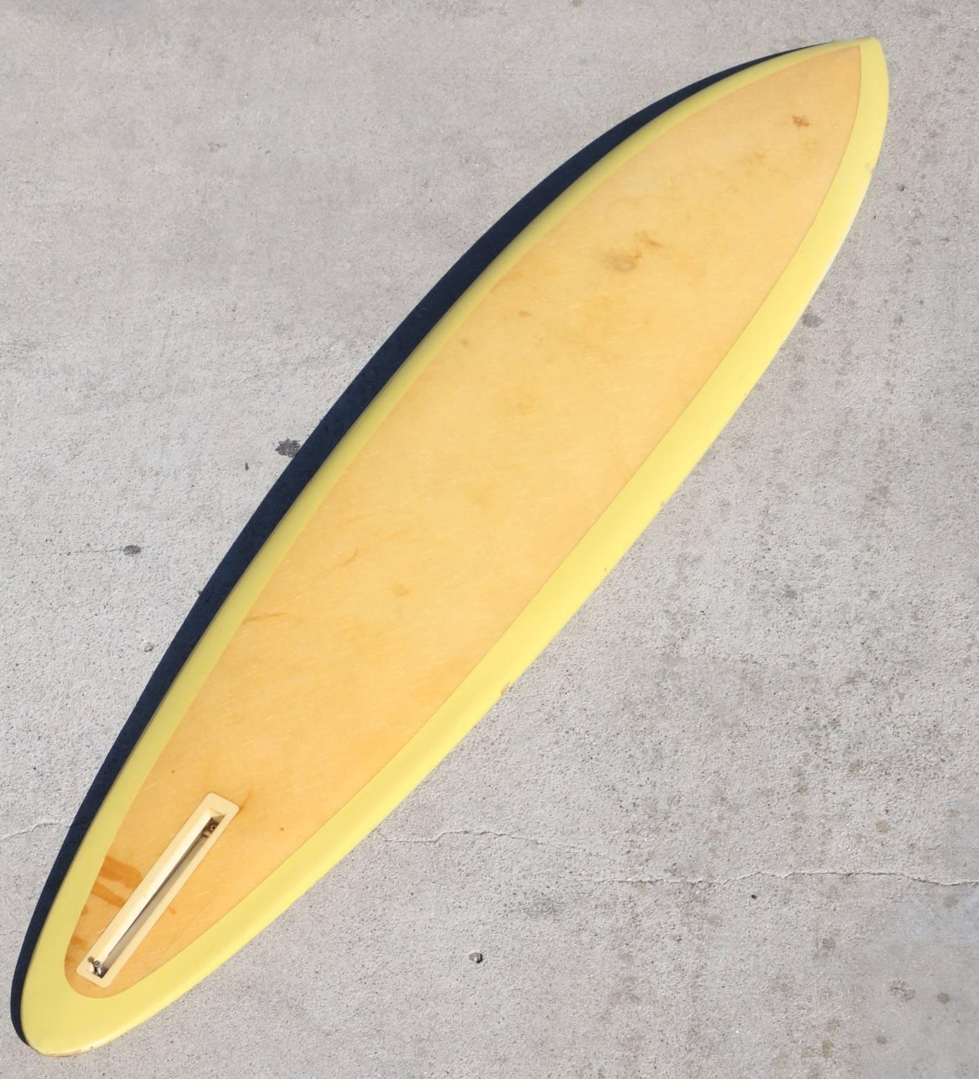 Fiberglass Yellow Green Floral Rounded Pintail Surfboard, Late 1960 For Sale