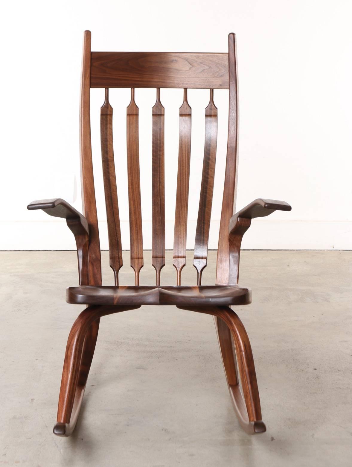 California Craftsman Wooden Rocking Chair, Dark Walnut
Majestic walnut rocking chair made in California with the sensibility and artisanship of times gone by. No need to hide this rocker in the nursery, it's stylish, comfortable and blends well