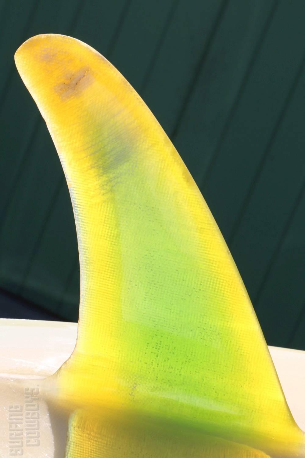 Rare Bing Foil Surfboard with Hawaii logo and glassed-in fin. This is a glorious surfboard in beautiful, all original condition. Clear deck, lime green striping on rails, stunning green logo which displays well and the most wonderful translucent