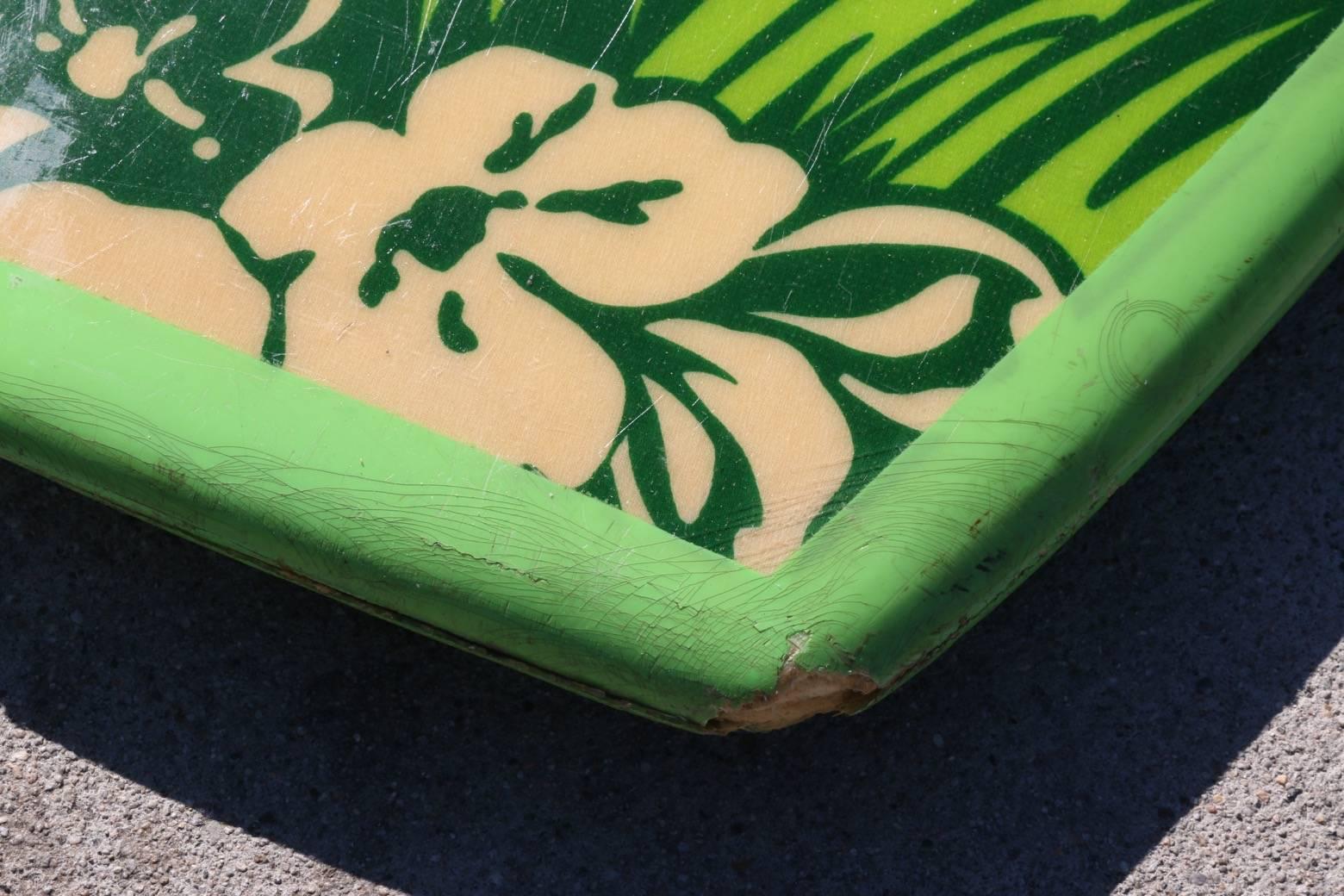 American Vibrant Green Floral Dextra Bellyboard Surfboard, circa 1965 For Sale