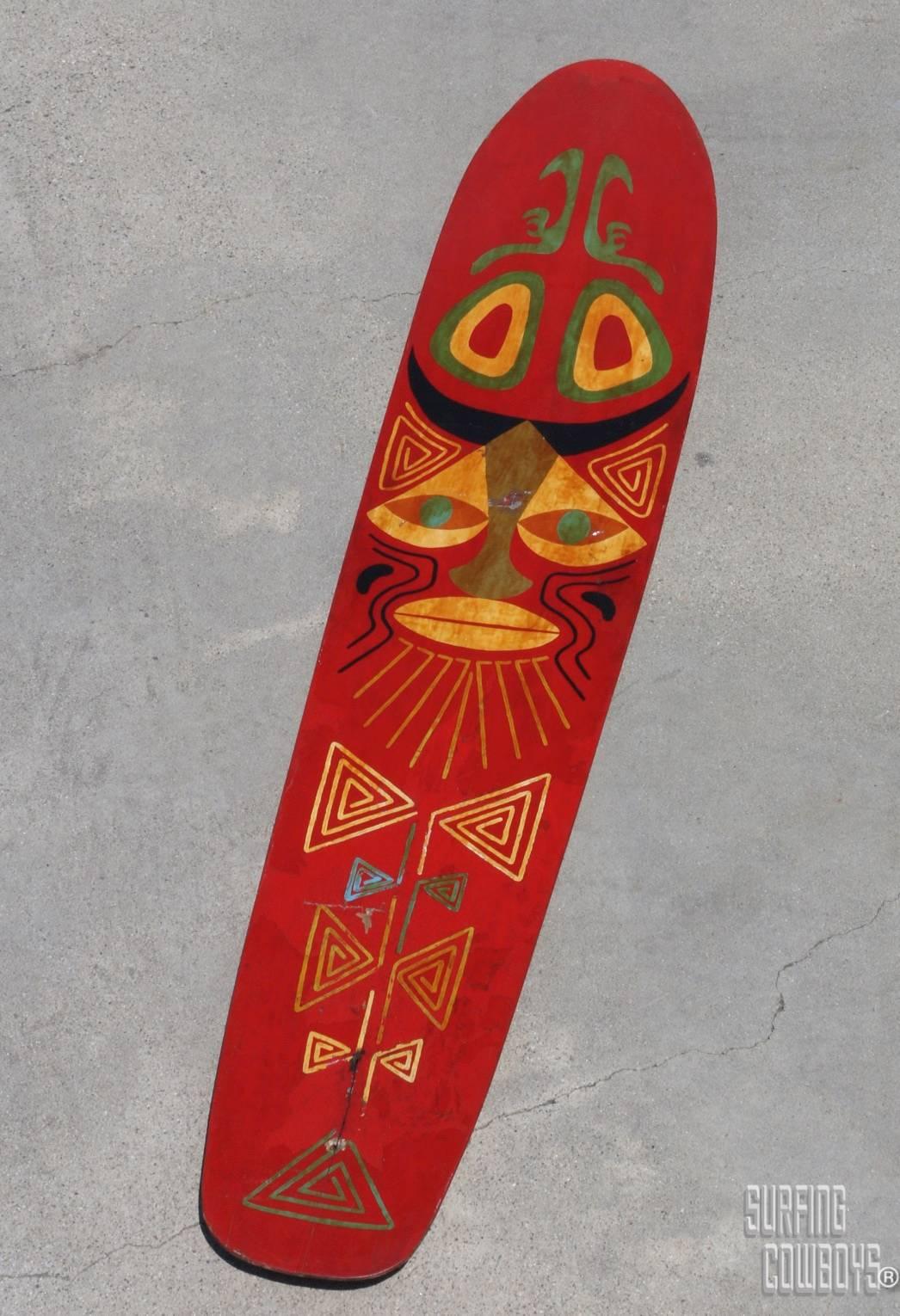 1920s Bentwood Surfboard with Original Painted Tiki Decoration For Sale 2