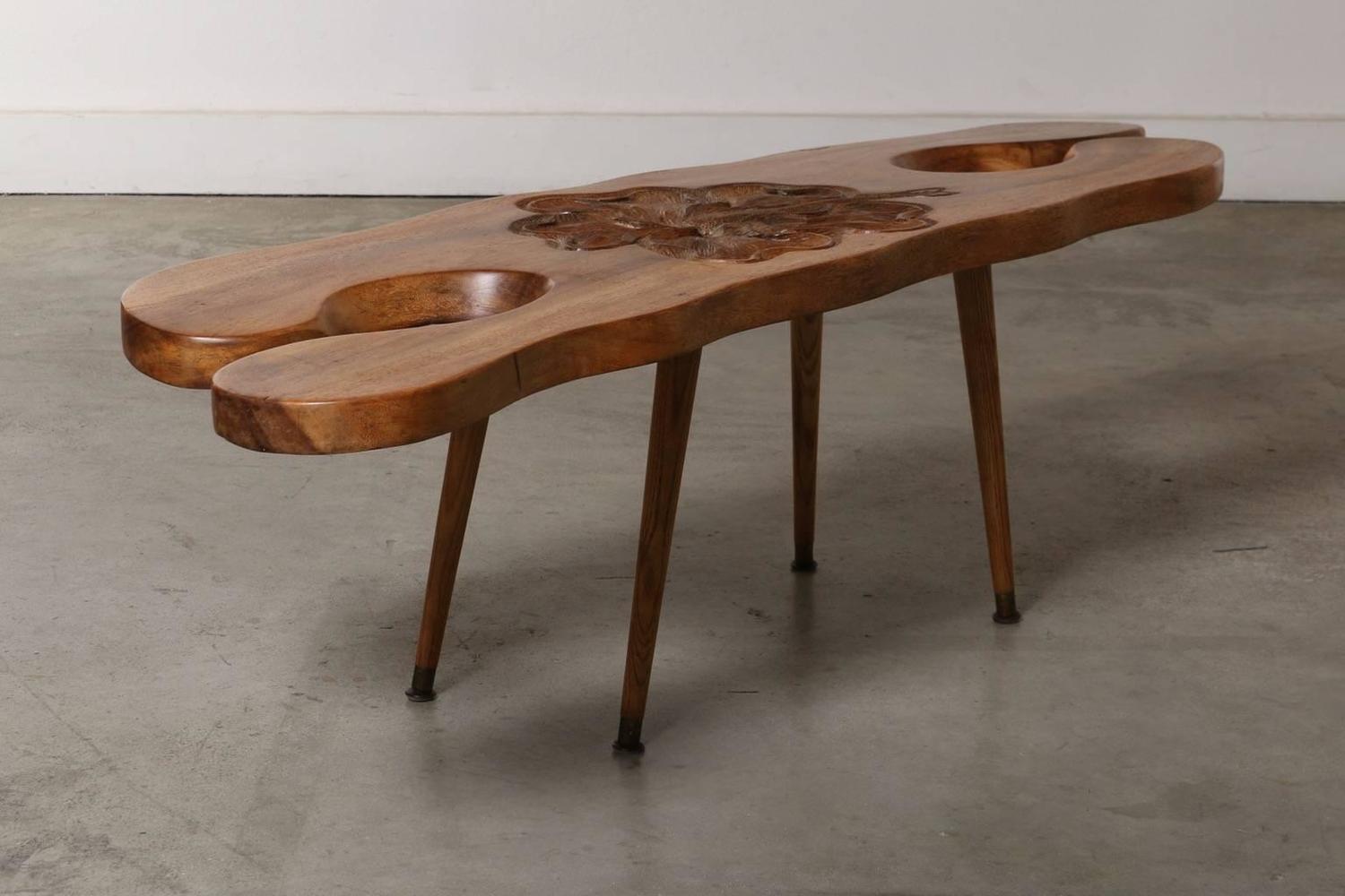 Hawaiian Koa Wood Coffee Table with Hibiscus Flower Carving, circa 1940