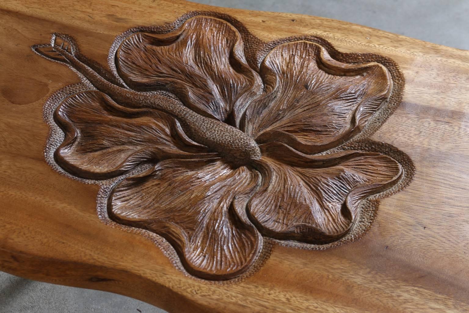 Mid-20th Century Hawaiian Wood Coffee Table with Hibiscus Flower Carving, circa 1940
