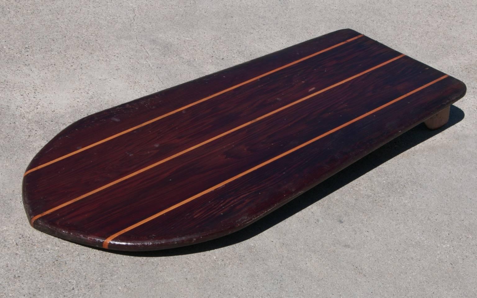 Folk Art Redwood Twin-Fin Belly Board with Hardwood Stingers, circa 1950 For Sale