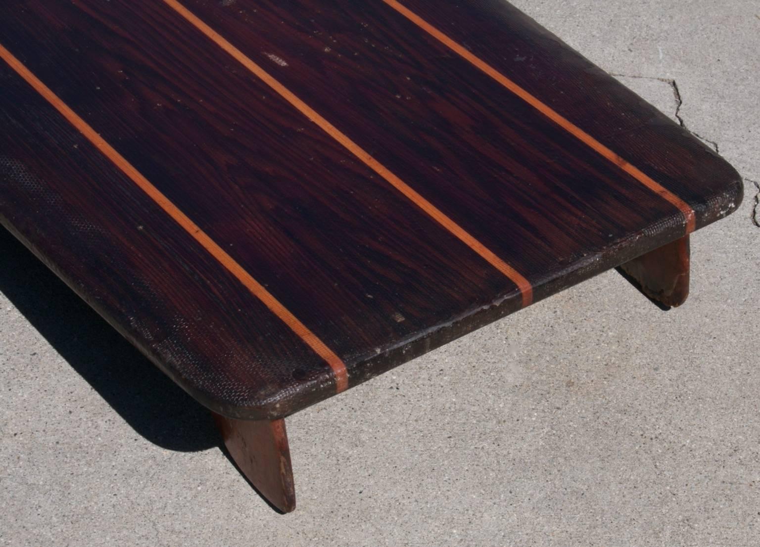 Wood Redwood Twin-Fin Belly Board with Hardwood Stingers, circa 1950 For Sale