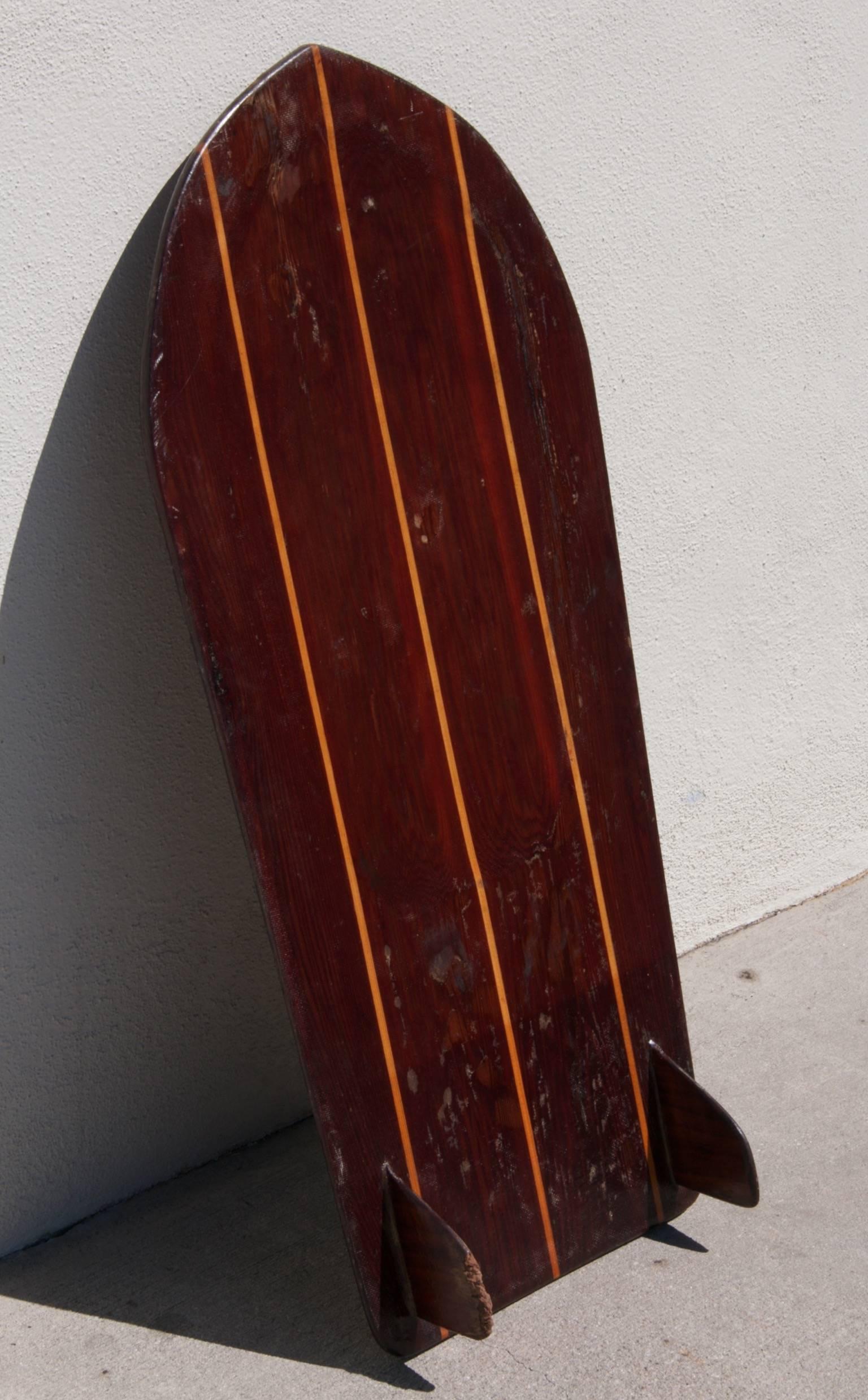 American Redwood Twin-Fin Belly Board with Hardwood Stingers, circa 1950 For Sale