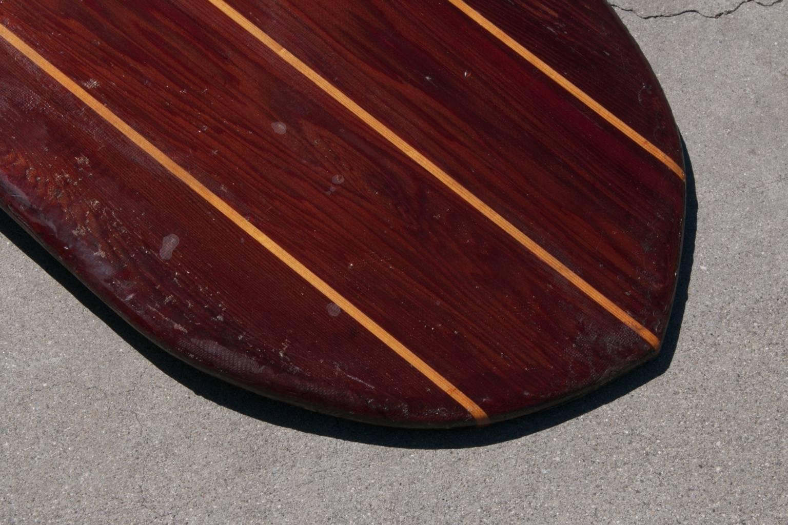 Redwood Twin-Fin Belly Board with Hardwood Stingers, circa 1950 For Sale 1