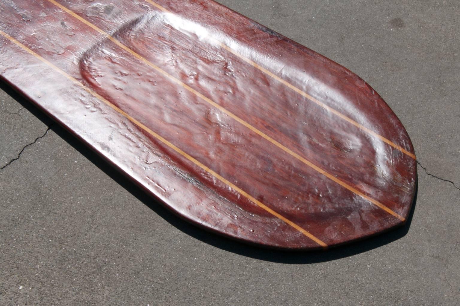 Mid-20th Century Redwood Twin-Fin Belly Board with Hardwood Stingers, circa 1950 For Sale