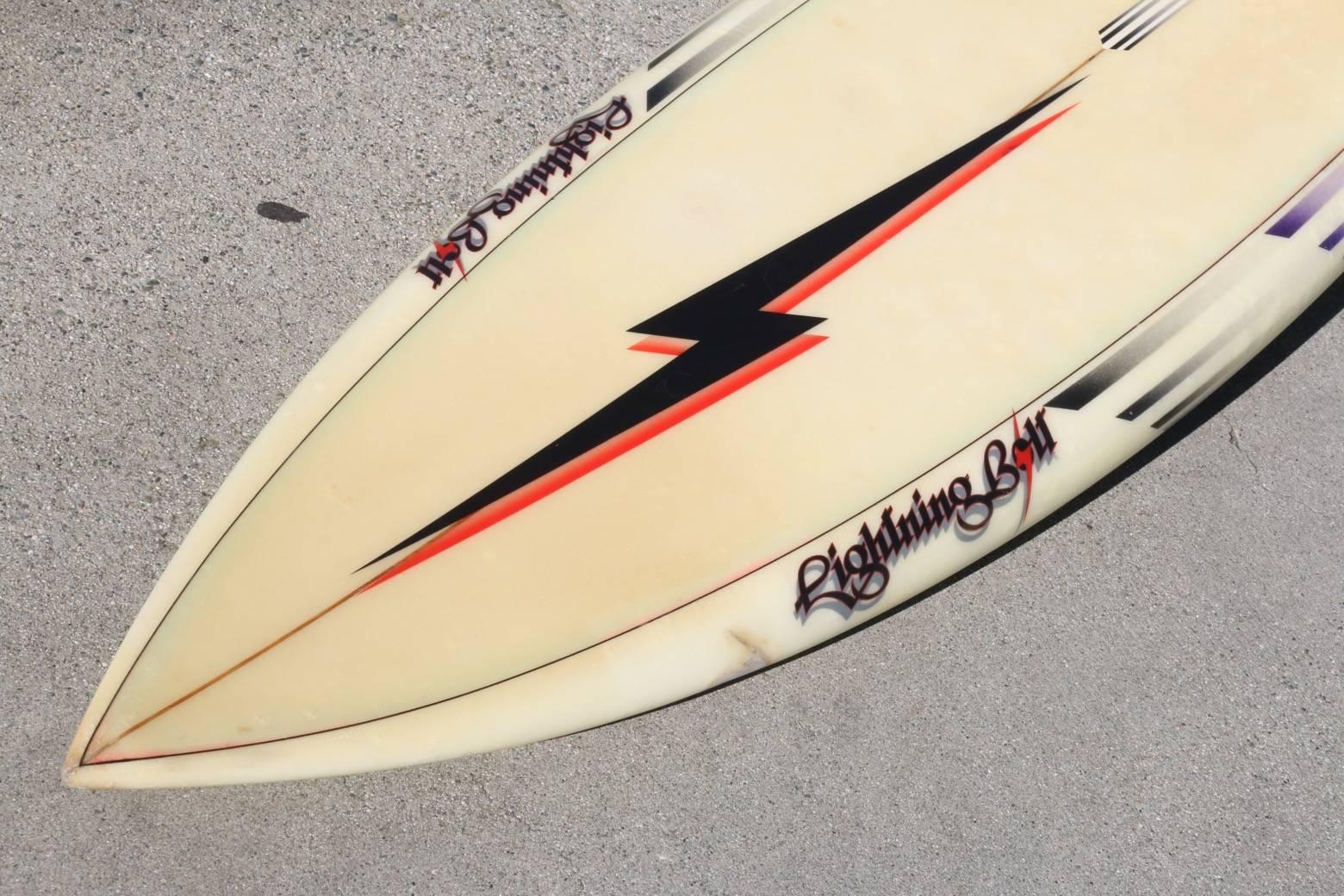 Mid-Century Modern Lightning Bolt Surfboard with Black and Red Bolt, 1980s