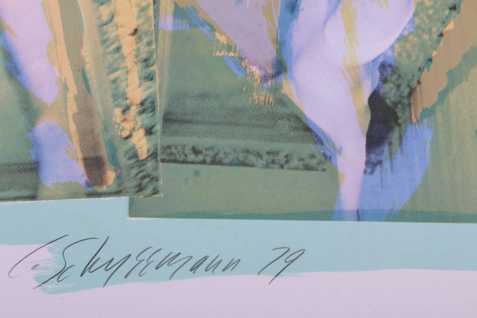 Original kinetic, feminist graphic artwork by Carolee Schneemann featuring Carolee Schneemann lounging in nude display. This limited edition artwork is numbered 56/250. Aqua green border surrounds and separates six vibrant color images of the