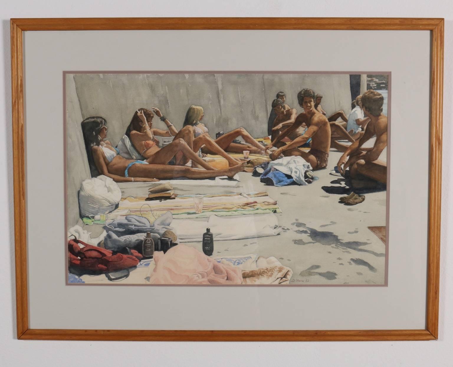 Stunning watercolor of youths at the beach - capturing the spirit of Southern California in 1982. As an Olympic and world champion volleyball player, Dennis Hare, a California native had much to draw from his time in the sand. The realism in this