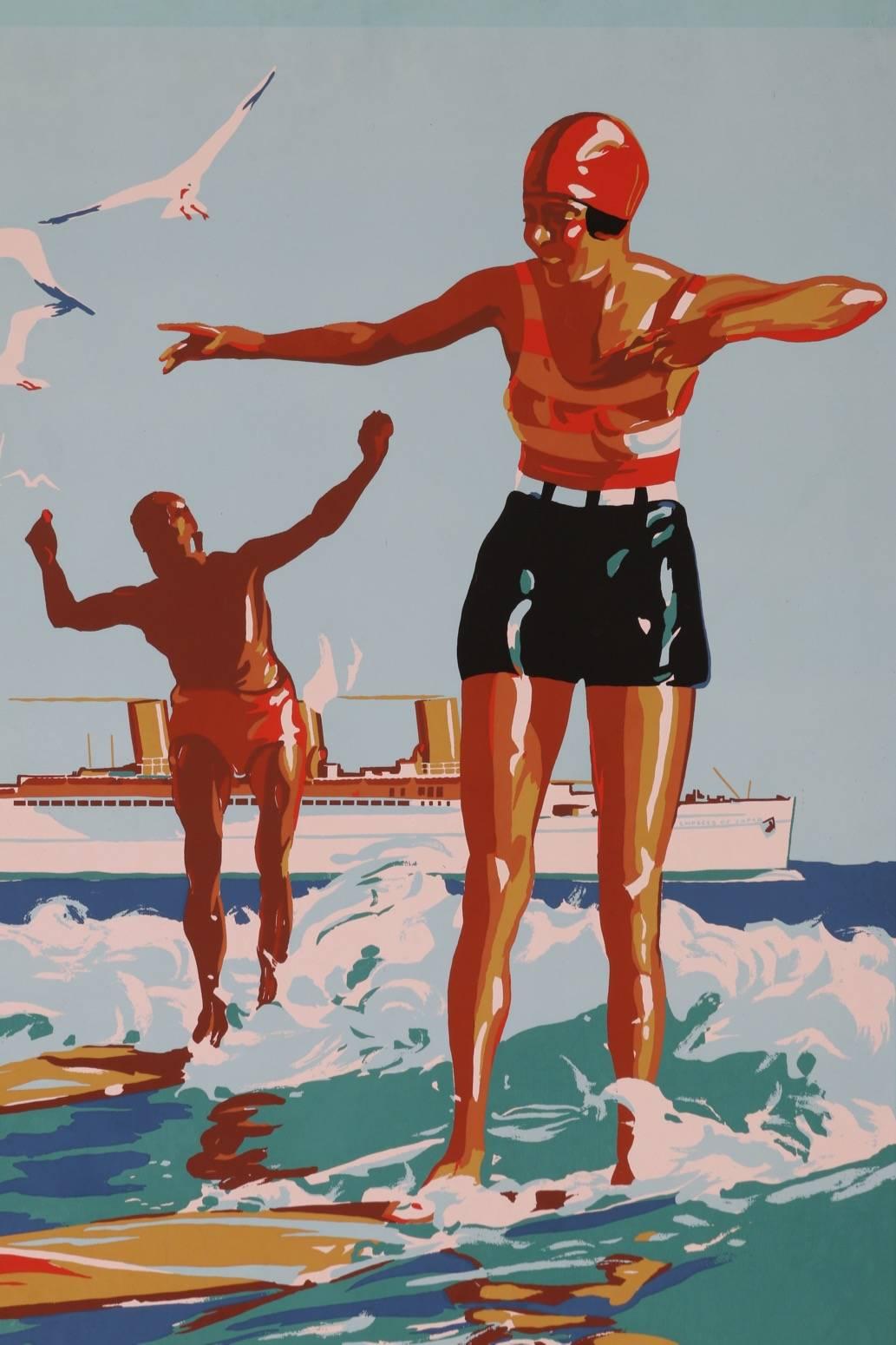 This is arguably the rarest of all the Hawaiian surf posters produced to promote tourism to the Hawaiian Islands. It is one of the earliest examples of Travel Posters featuring surfing imagery. On the ocean-liner we can see the name 'Empress of