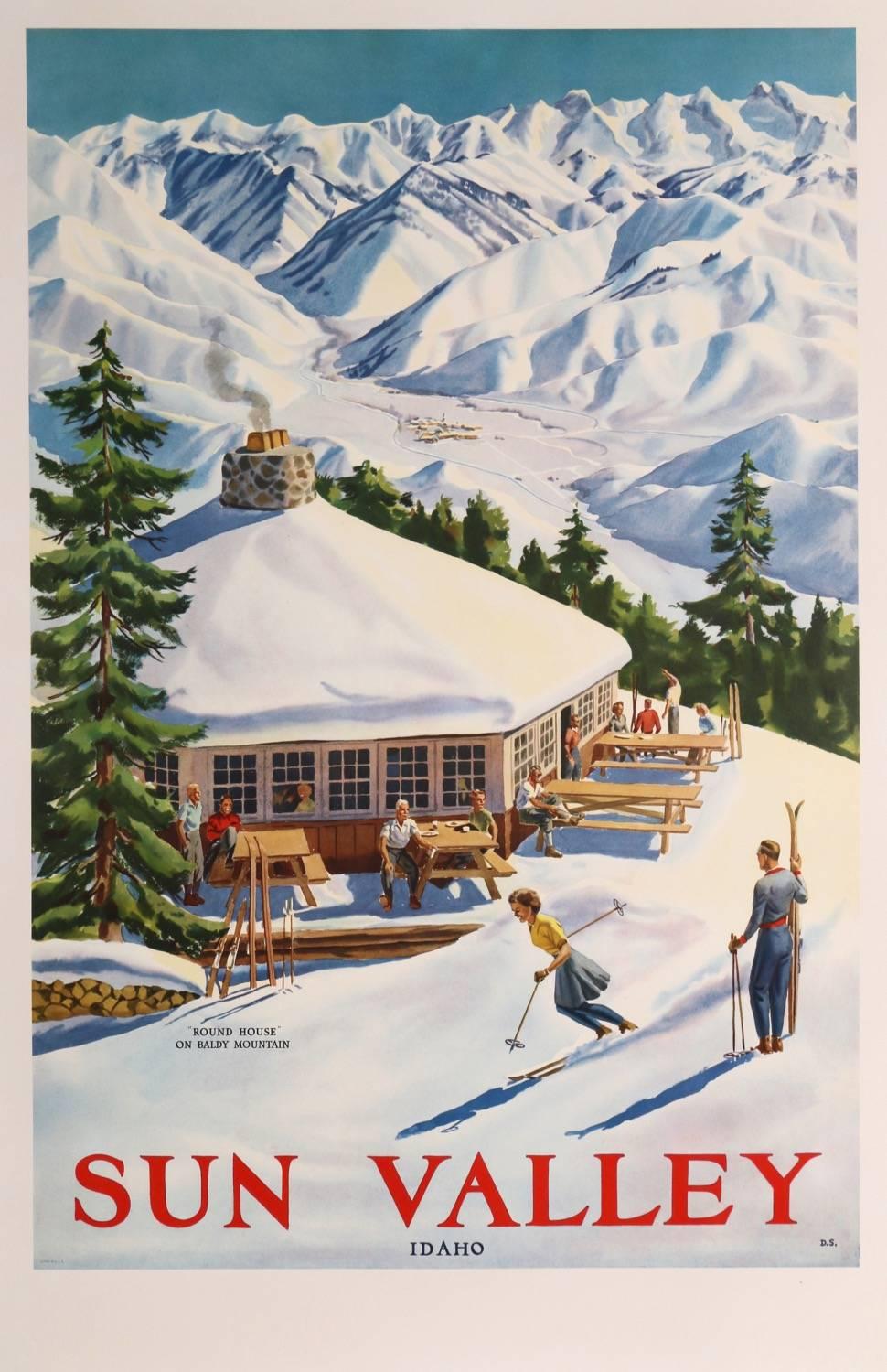 Iconic and wonderful offset litho poster of the Roundhouse Ski Resort, Baldy Mountain, Sun Valley, Idaho. Great image of activity in the afternoon sun featuring a couple ready to take off on a down hill flight while others relax and take-in the