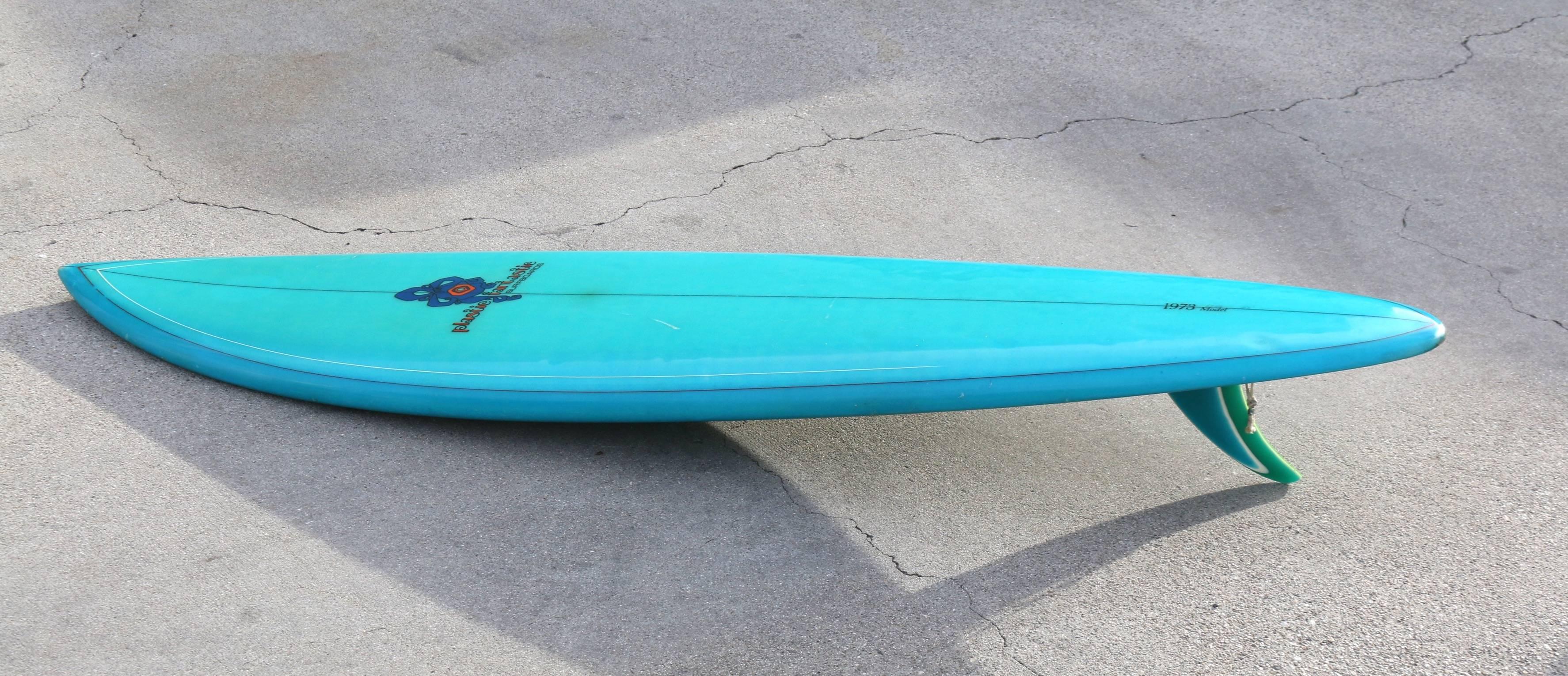 Late 20th Century Plastic Fantastic Solid Turquoise Blue, Short Board Surfboard Circa 1970s 