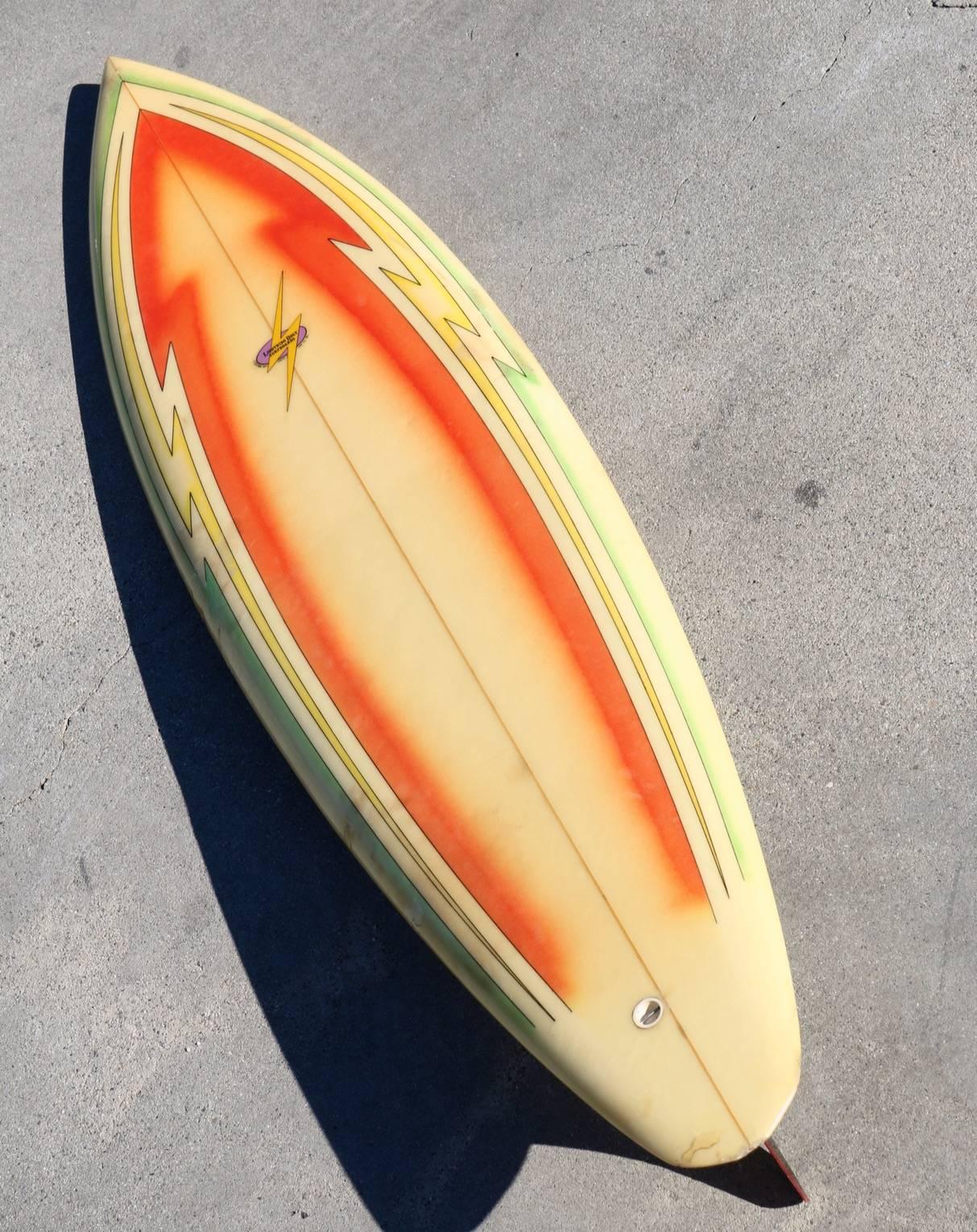 American All Original Orange Airbrushed Lightning Bolt Surfboard, Hawaii Circa 1970s