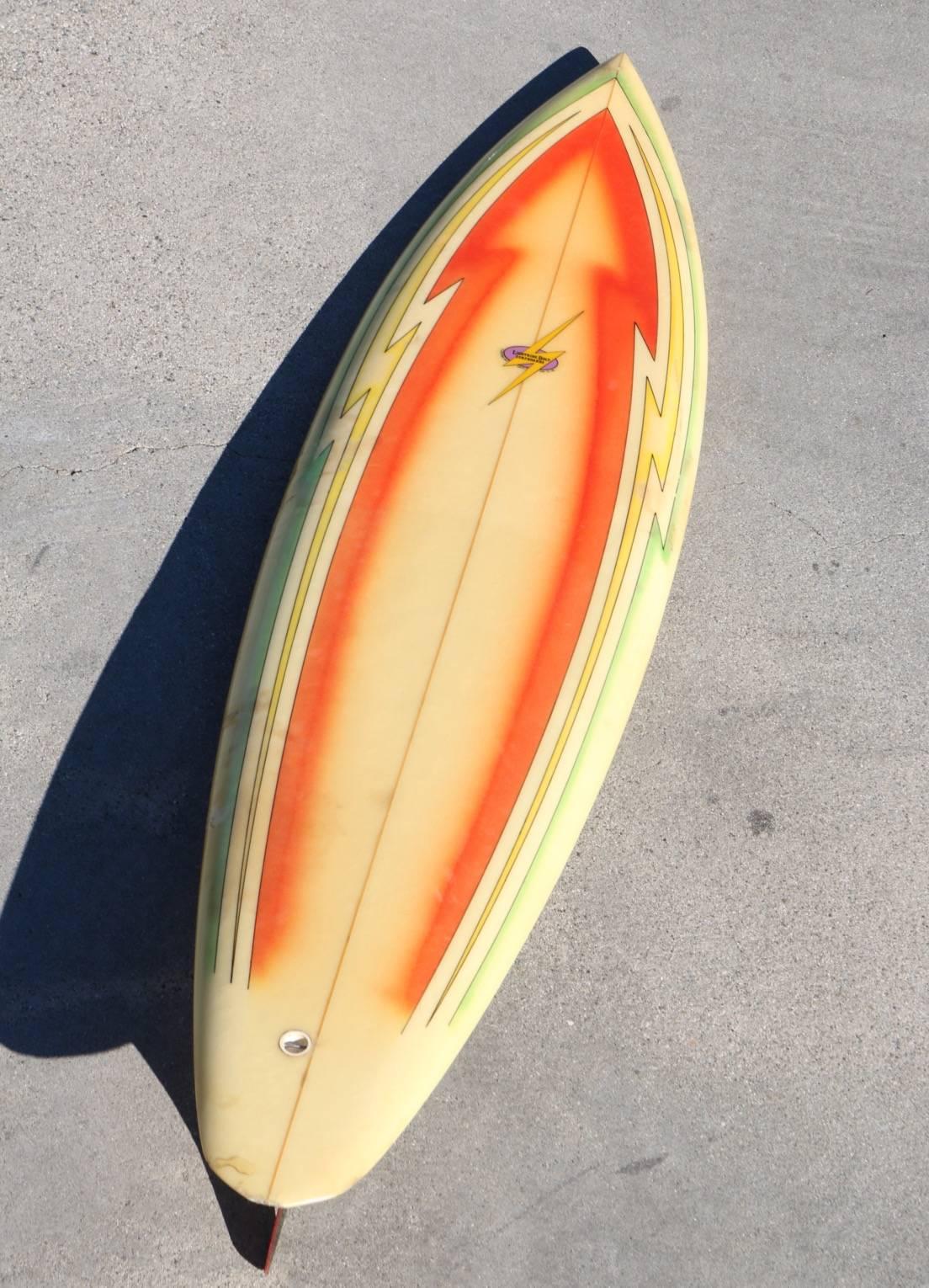 All Original Orange Airbrushed Lightning Bolt Surfboard, Hawaii Circa 1970s 2