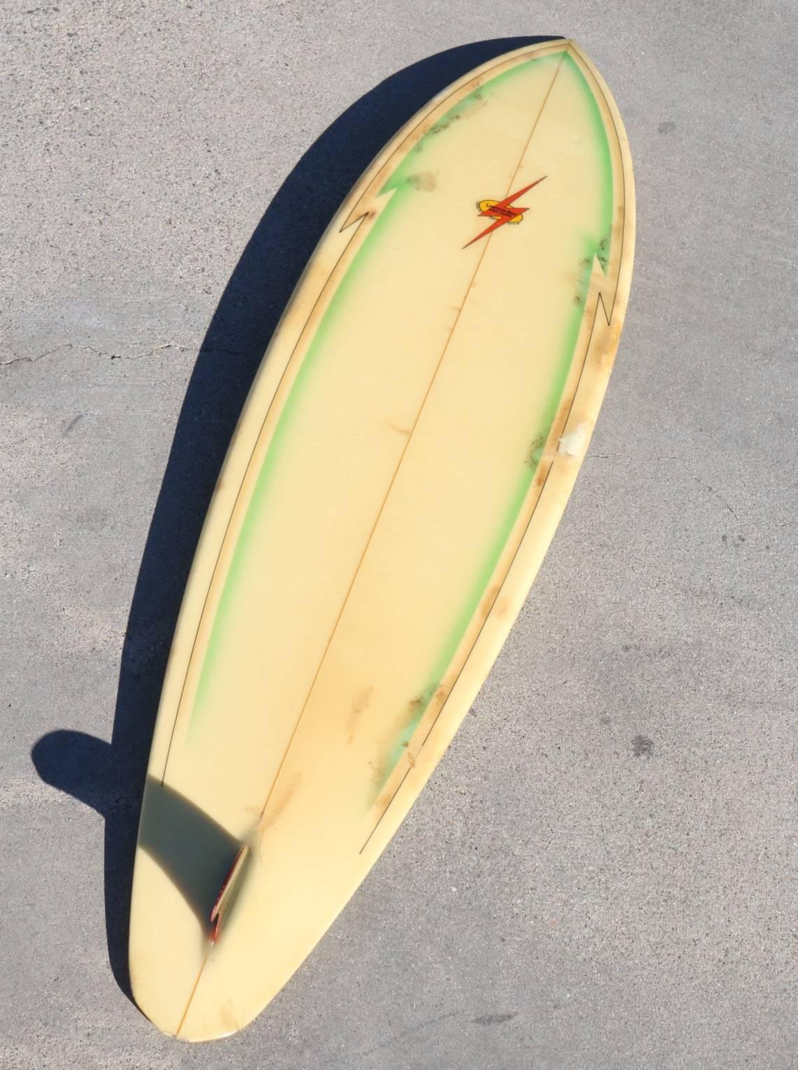 Late 20th Century All Original Orange Airbrushed Lightning Bolt Surfboard, Hawaii Circa 1970s
