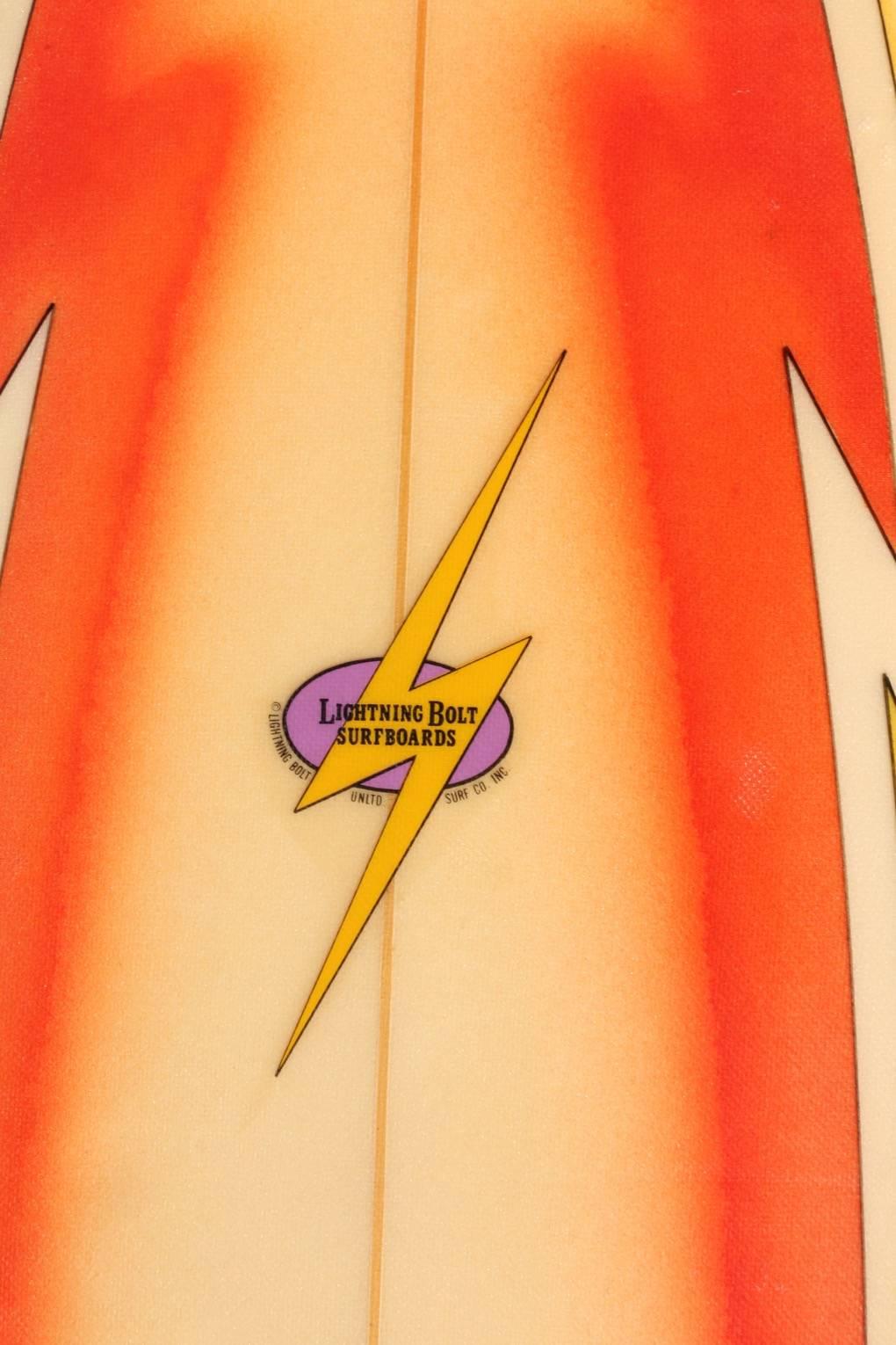 Beautiful, all original and well used Lightning Bolt Surfboard made in the Honolulu Hawaii factory around 1974-1975. In the early days of Lightning Bolt, founders Gerry Lopez & Jack Shipley were shaping boards themselves. This example is a diamond
