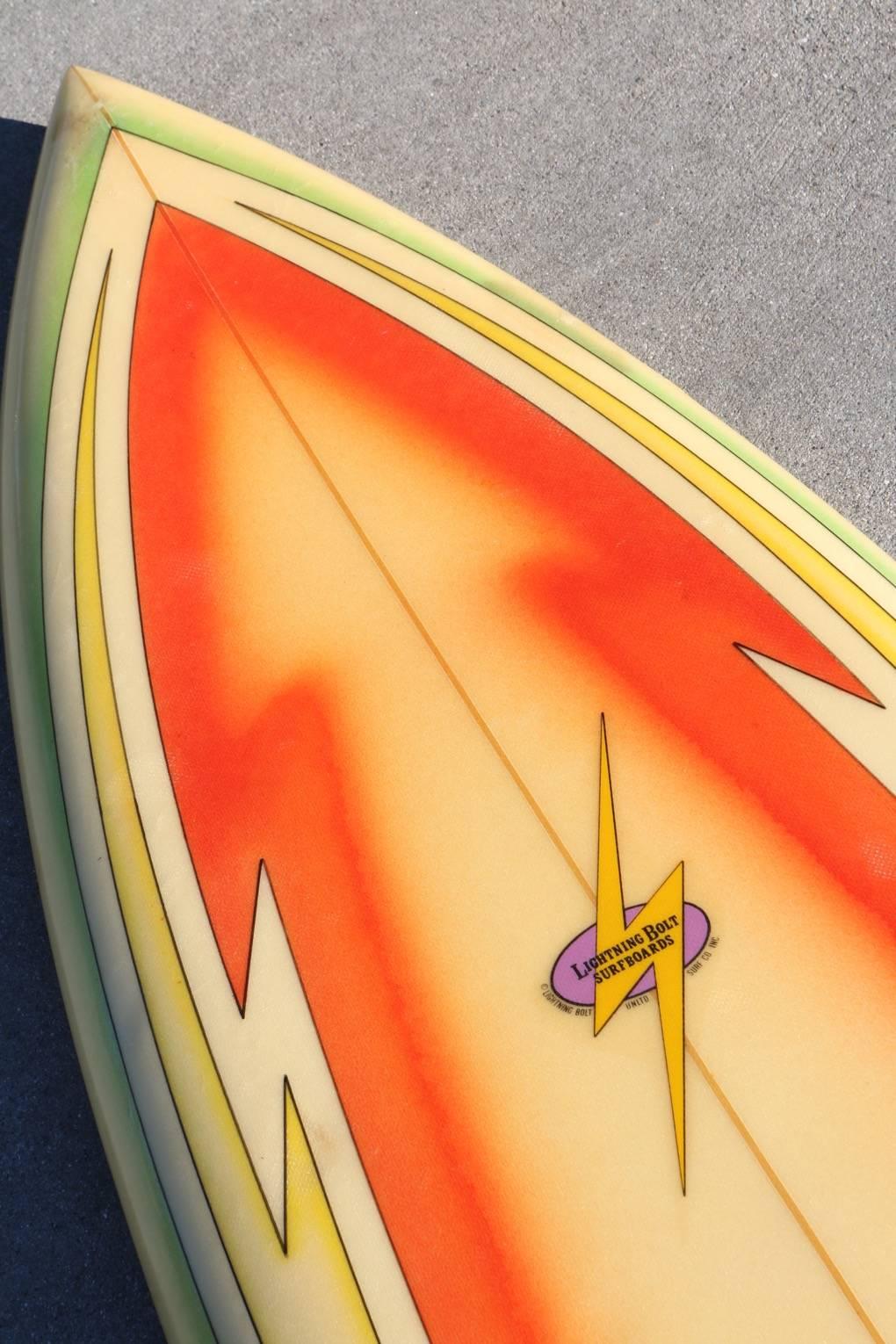 Mid-Century Modern All Original Orange Airbrushed Lightning Bolt Surfboard, Hawaii Circa 1970s