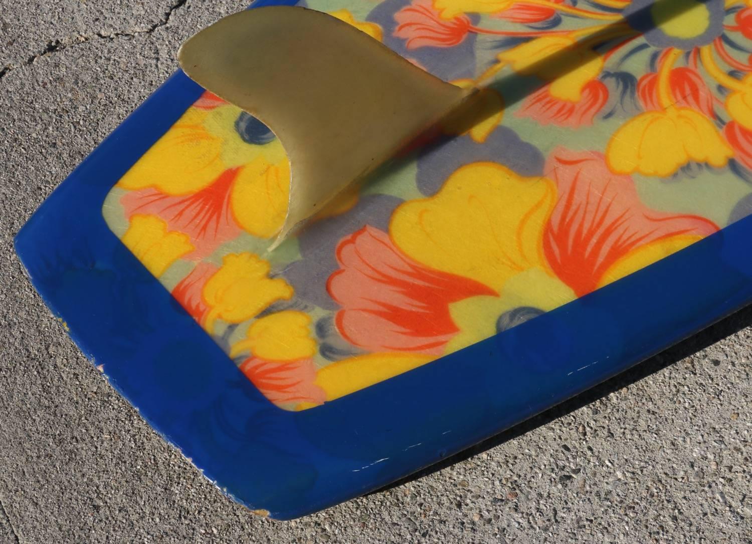 Mid-20th Century Original Red Blue Yellow Psychedelic Floral Dextra Surfboard, circa 1965