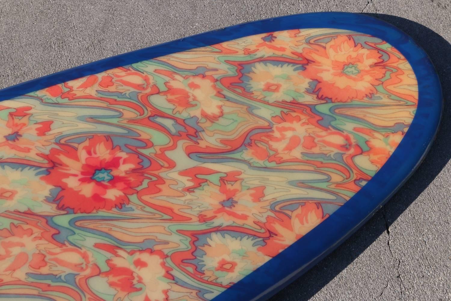 American Original Red Blue Yellow Psychedelic Floral Dextra Surfboard, circa 1965