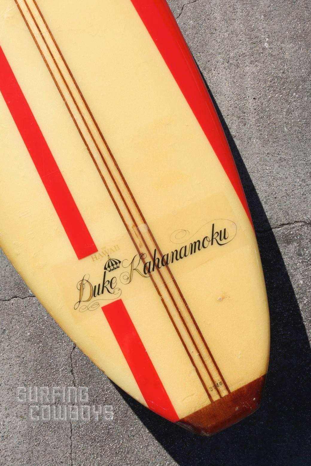 Hawaiian Original Duke Kahanamoku Longboard Surfboard with Red Stripes circa 1965  