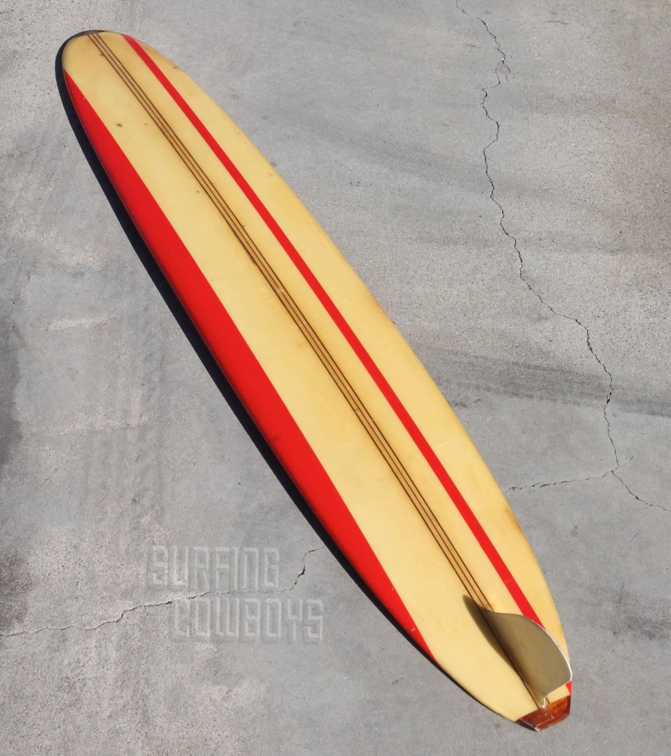 Mid-Century Modern Original Duke Kahanamoku Longboard Surfboard with Red Stripes circa 1965  