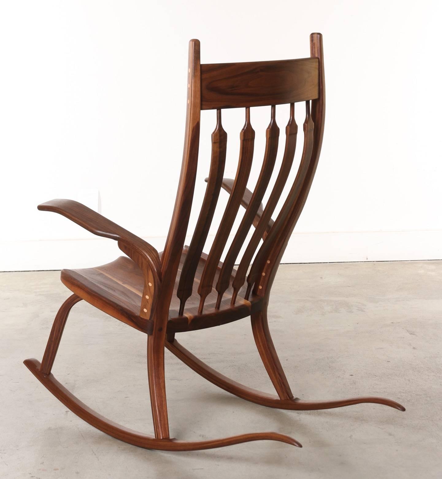 California Craftsman Wooden Rocking Chair, Dark Walnut In Excellent Condition In Los Angeles, CA