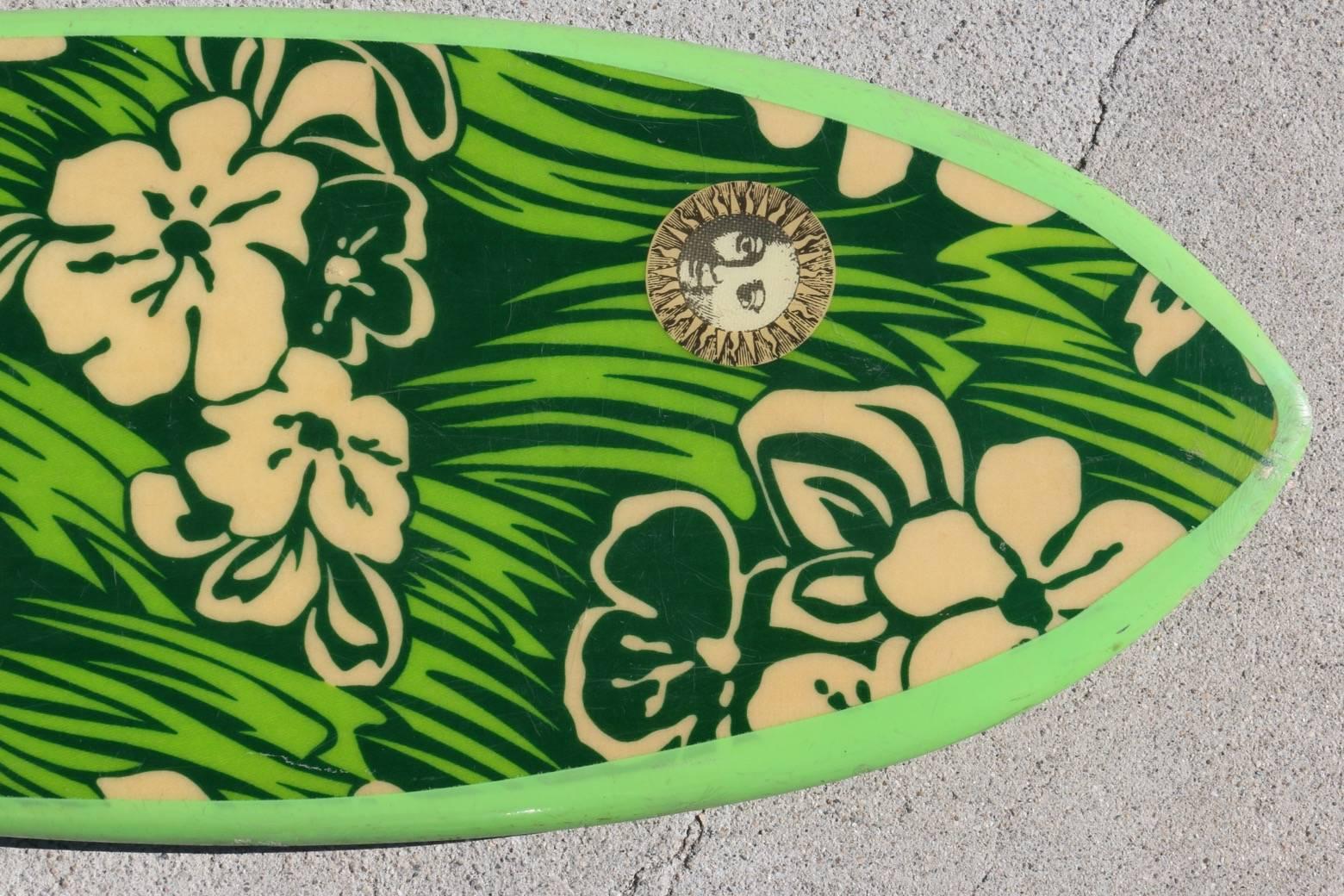 Mid-Century Modern Vibrant Green Floral Dextra Bellyboard Surfboard, circa 1965 For Sale