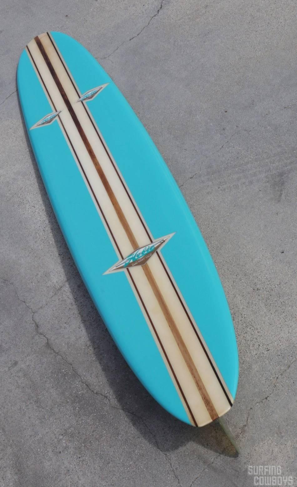 Mid-Century Modern Early 1960s Three Decal Hobie Surfboard Fully Restored, Eggshell Blue