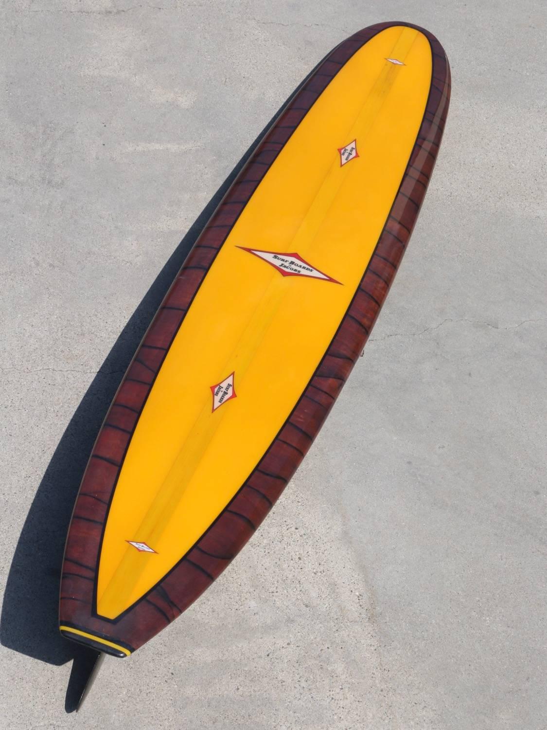 Mid-Century Modern Mid-1960s Jacobs Multi-Logo Surfboard, Fully Restored, Yellow with Acid Splash