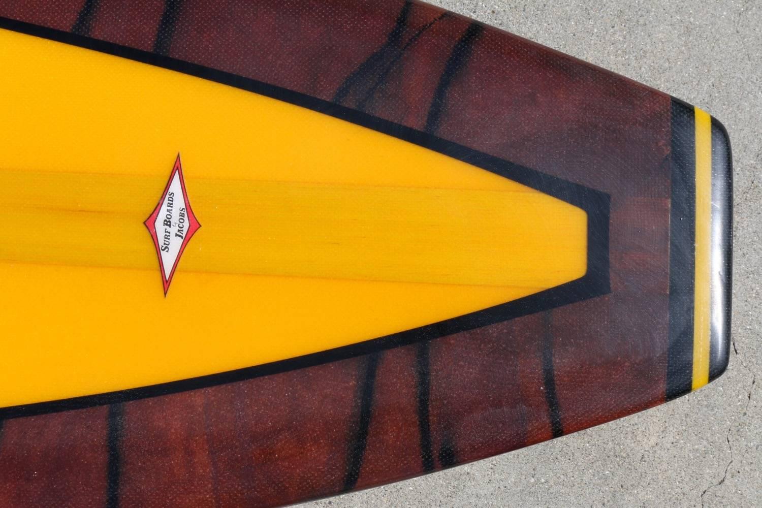 American Mid-1960s Jacobs Multi-Logo Surfboard, Fully Restored, Yellow with Acid Splash