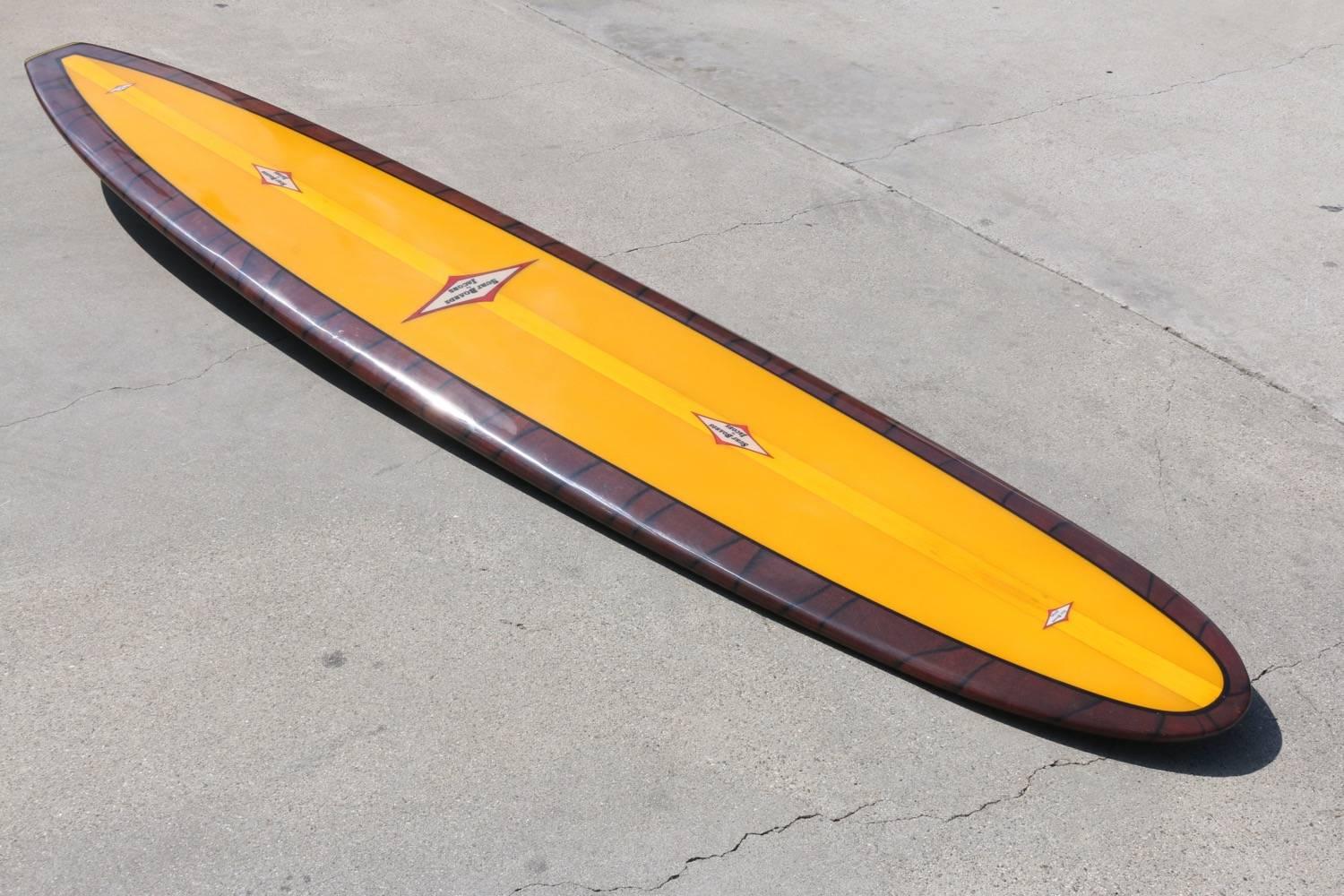 Mid-1960s Jacobs Multi-Logo Surfboard, Fully Restored, Yellow with Acid Splash In Excellent Condition In Los Angeles, CA