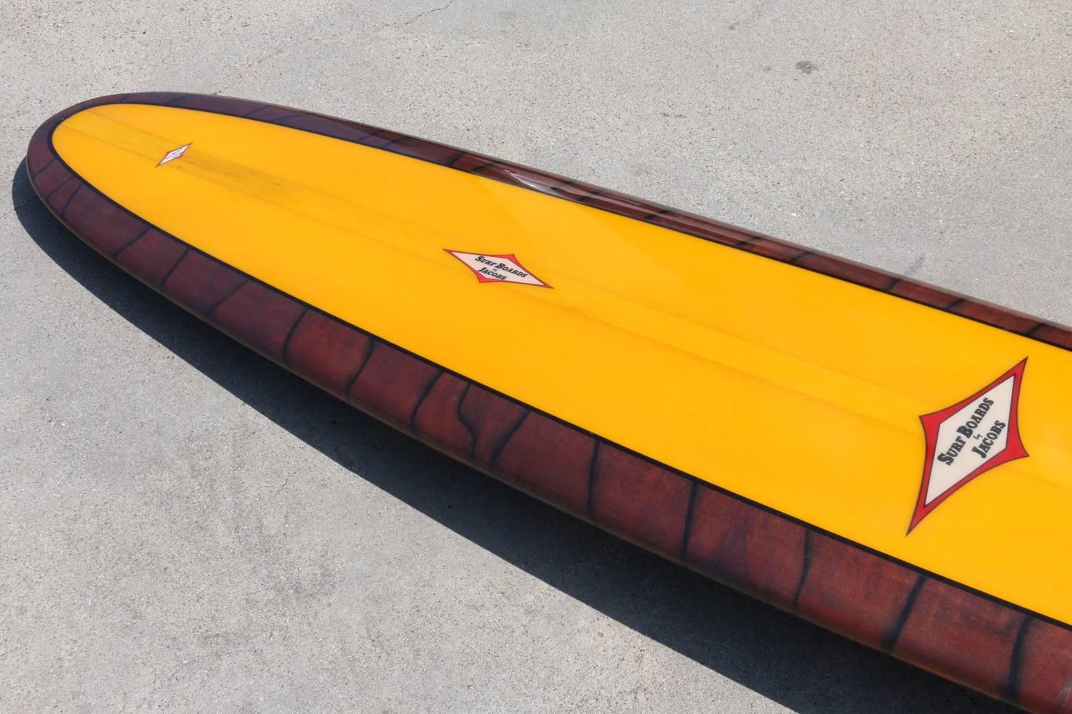 Fiberglass Mid-1960s Jacobs Multi-Logo Surfboard, Fully Restored, Yellow with Acid Splash