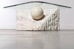 Triangular Marble and Travertine Coffee Table with Beveled Edge Glass Top