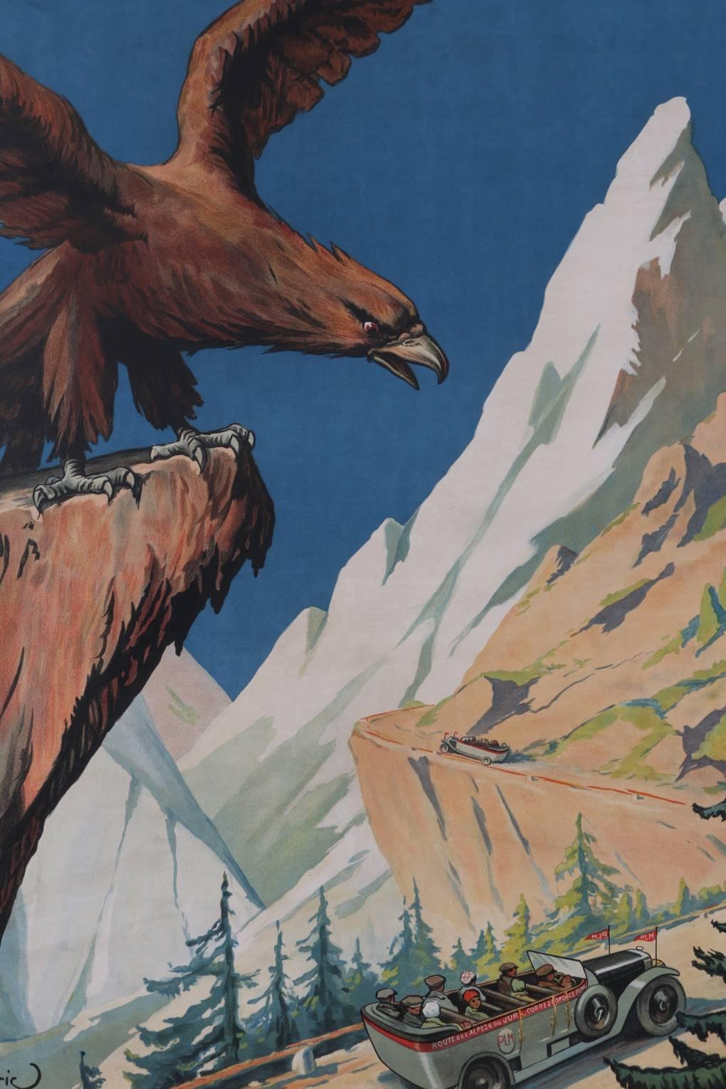 Original Vintage 'Route Des Alpes Poster', DRIC ROUTE DES ALPS ET DU JURA printed circa 1920, Champenois, Paris. Mounted on linen. 

A giant brown eagle perches on a roadside cliff and glares down at passengers in tour buses ascending the