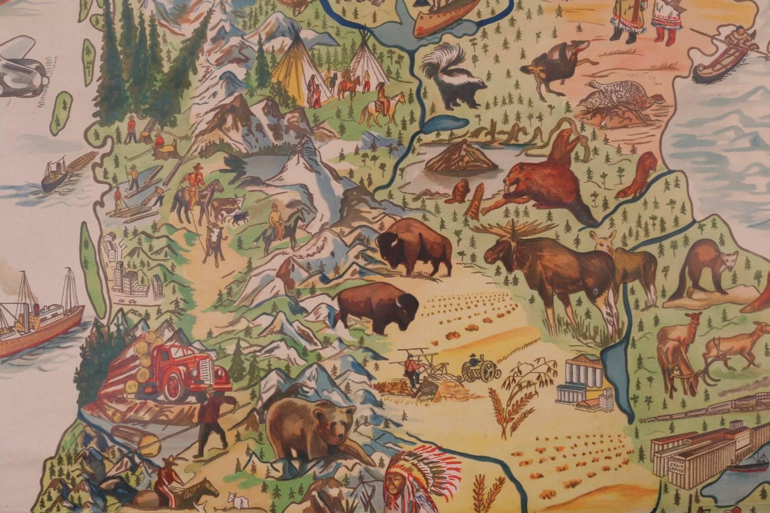 Large pictorial map of North America, circa 1935 by Palmer and
Associates, Los Angeles, circa 1935. The most beautiful pictorial map we have ever seen. All original lithograph mounted on linen and attached to wooden dowels at both ends so it can be