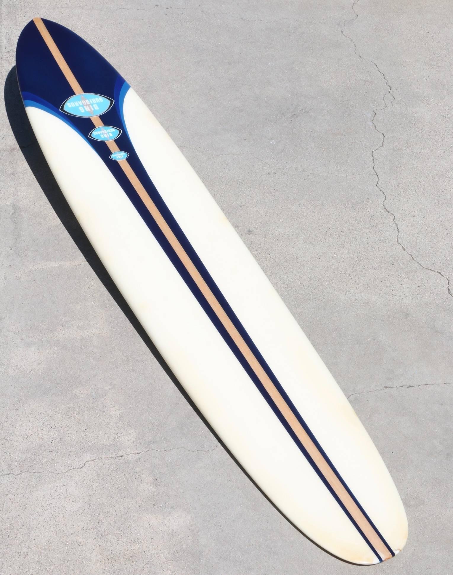 Mid-Century Modern 1963 Fully Restored Bing Surfboard, California, Blue, White