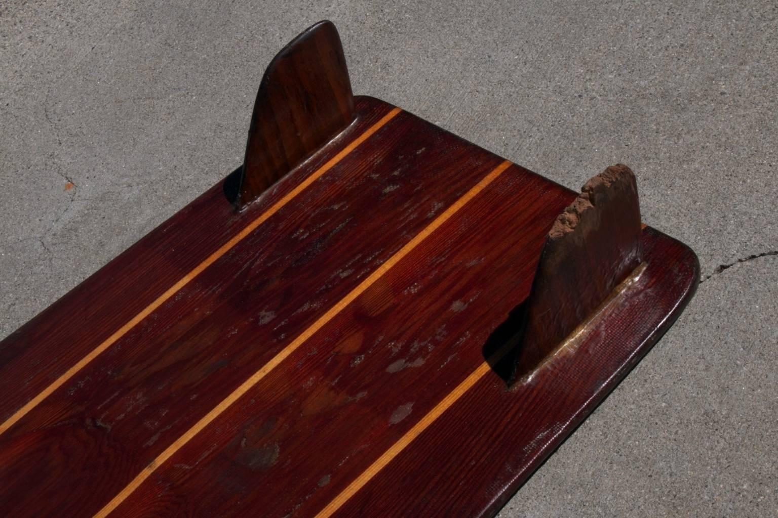 Redwood Twin-Fin Belly Board with Hardwood Stingers, circa 1950 For Sale 2