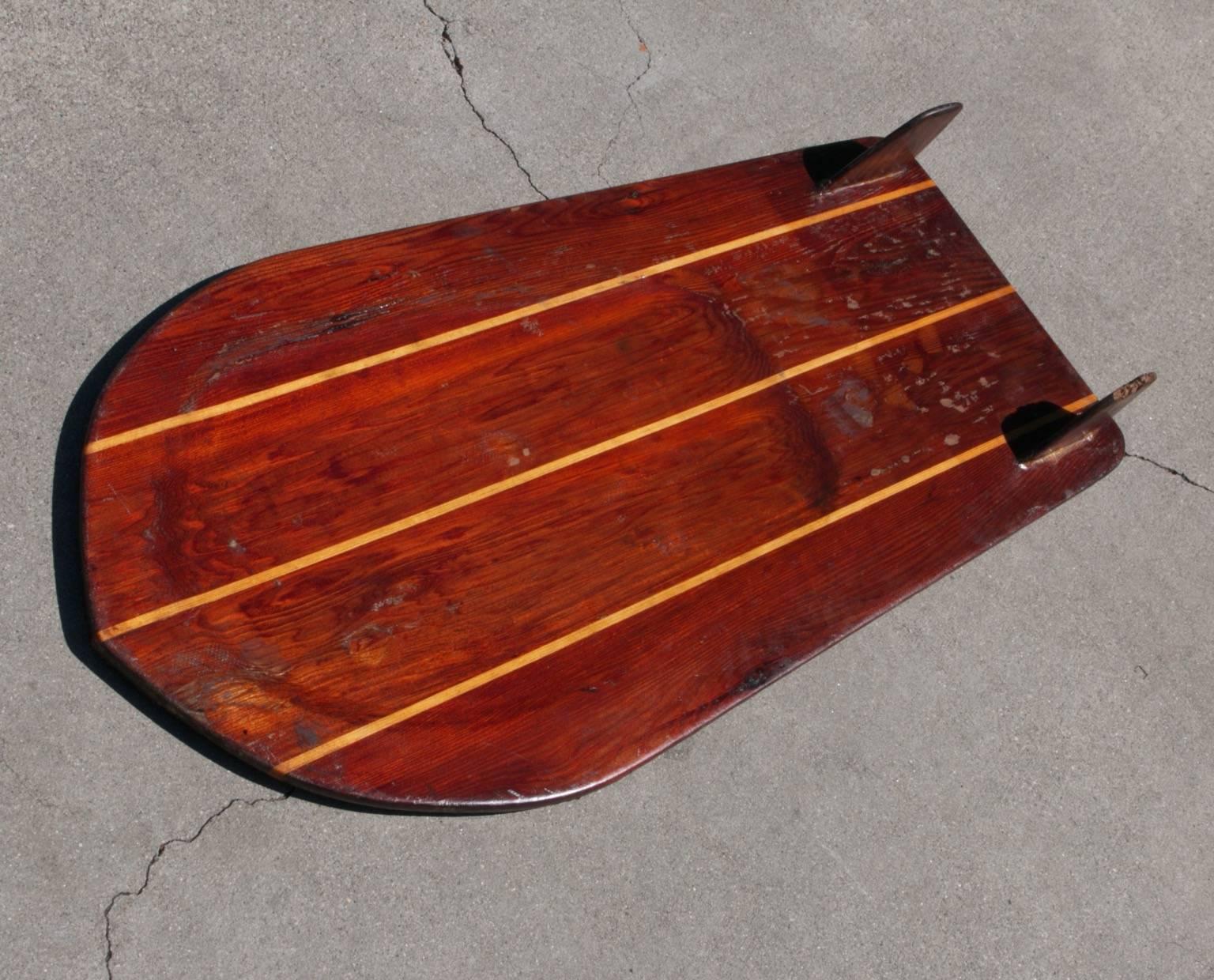 Redwood Twin-Fin Belly Board with Hardwood Stingers, circa 1950 For Sale 3