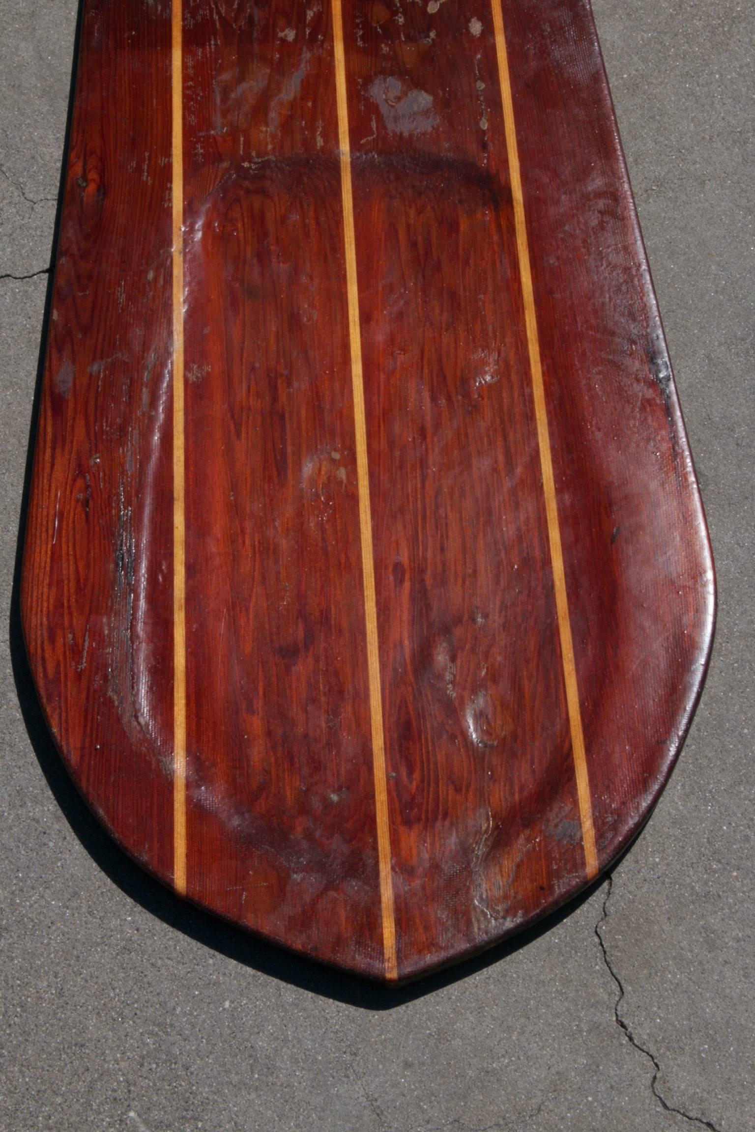 Redwood Twin-Fin Belly Board with Hardwood Stingers, circa 1950 In Fair Condition For Sale In Los Angeles, CA