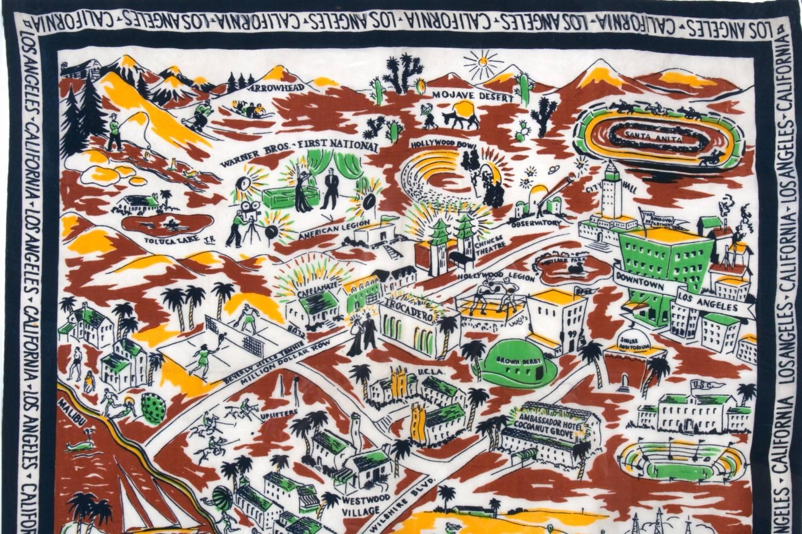 Southern California Pictorial Tourist Scarf, circa 1930s, framed wall art decoration. Fabulous 1930s tourist scarf romancing all the sights and activities
of Southern California, from San Louis Obispo down to San Diego.
it's all on this wonderful
