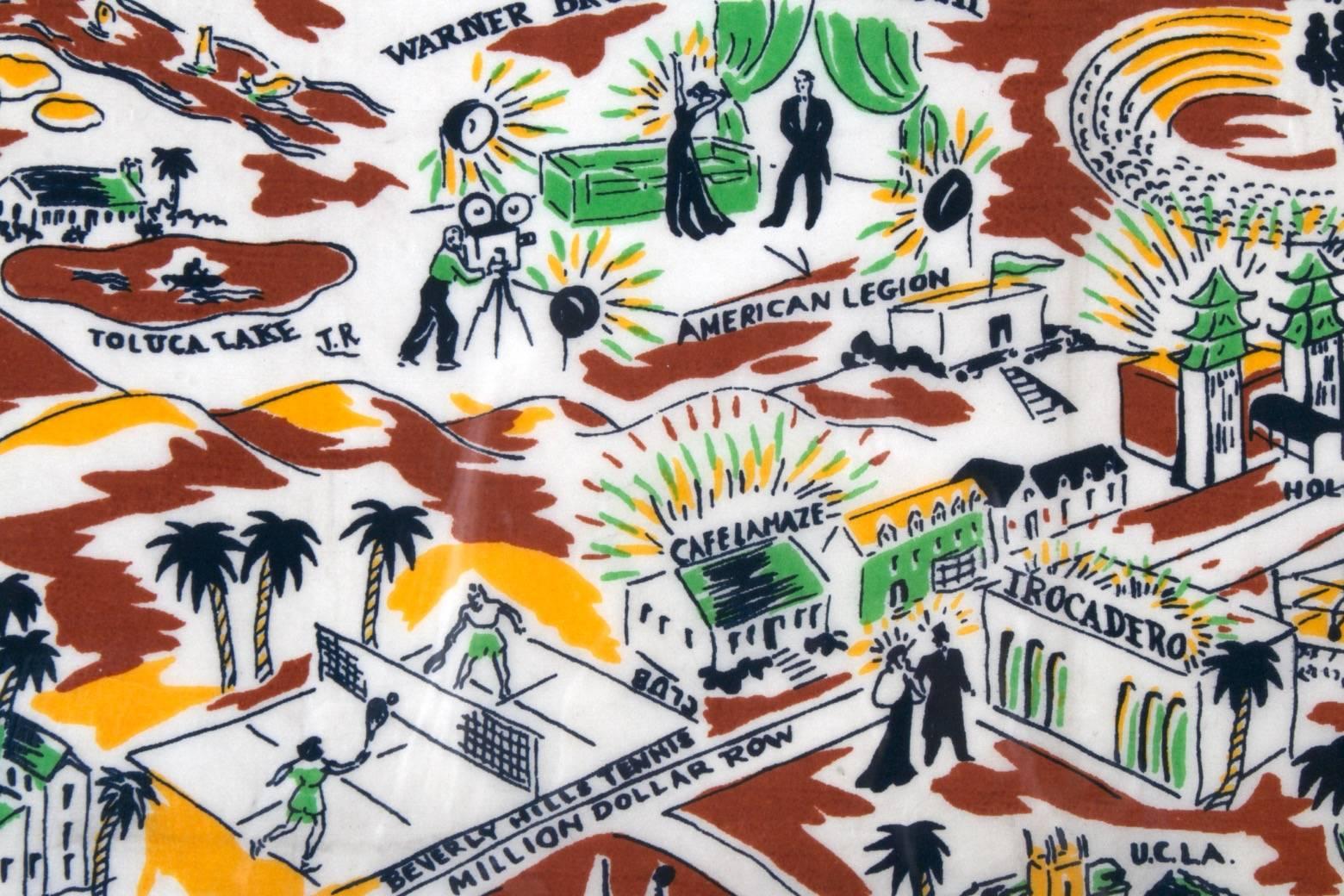 Mid-20th Century Los Angeles Area, Southern California Pictorial Tourist Scarf, circa 1930s