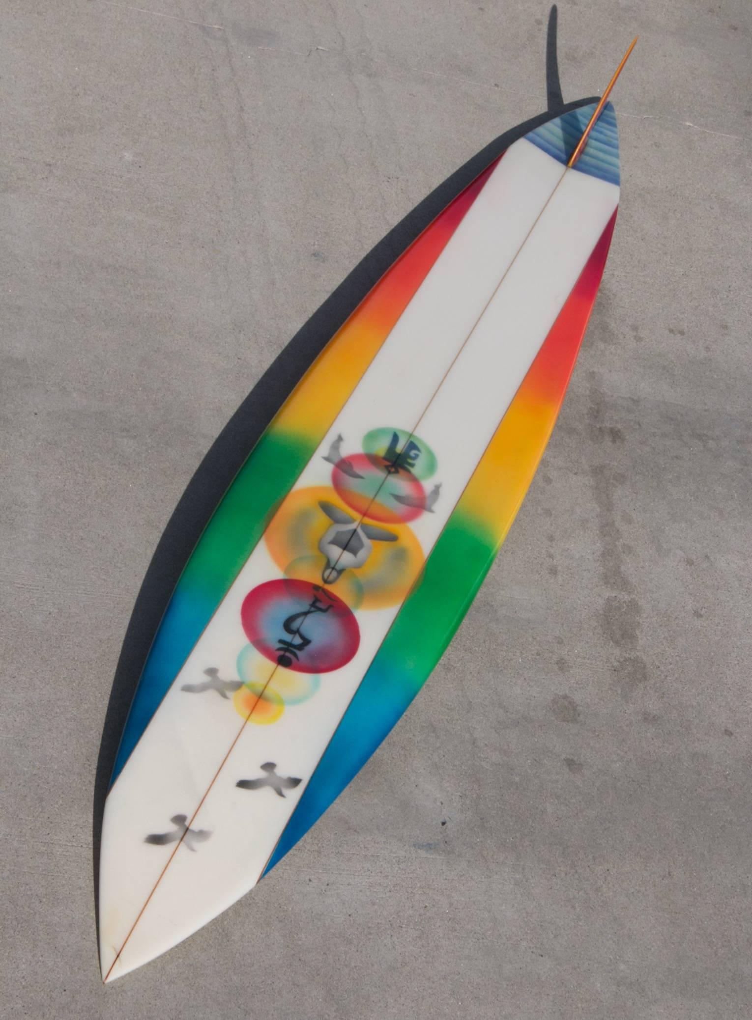 Mid-Century Modern Mike Hynson Hand Shaped Rainbow, Big Wave Gun Surfboard, Artwork by Eilers, New For Sale