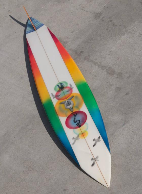 Mike Hynson Hand Shaped Rainbow, Big Wave Gun Surfboard, Artwork by