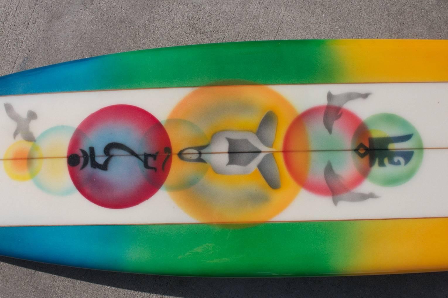 Mike Hynson Hand Shaped Rainbow, Big Wave Gun Surfboard, Artwork by Eilers, New In Excellent Condition For Sale In Los Angeles, CA