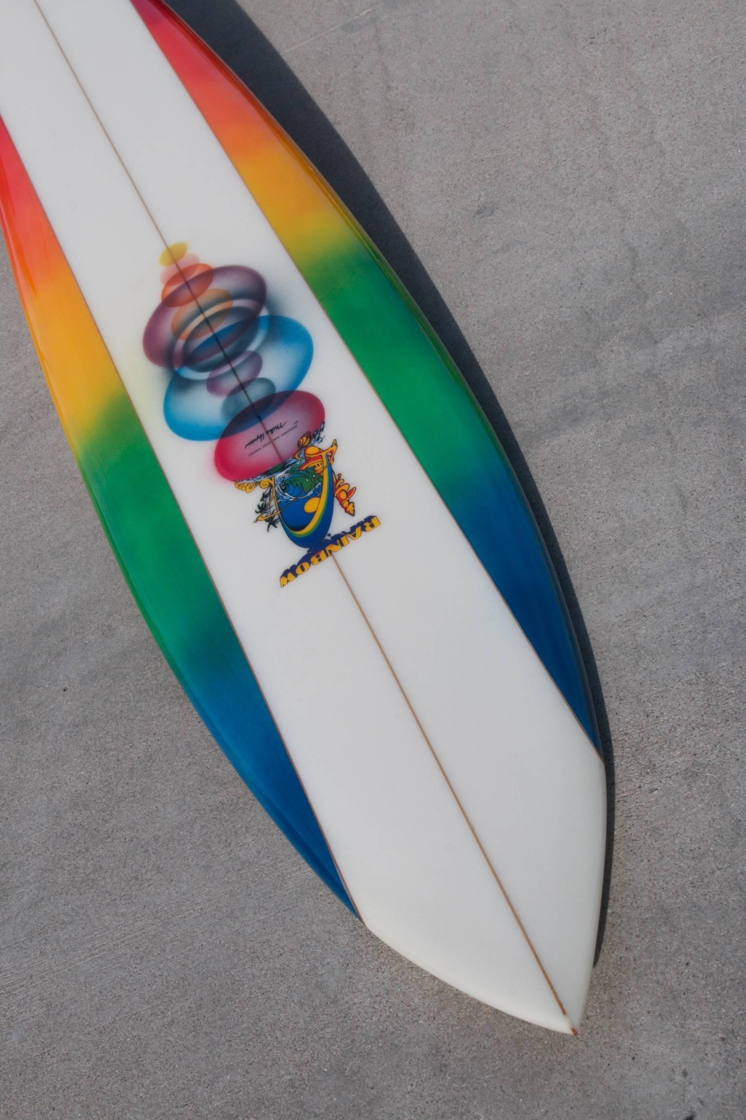 Contemporary Mike Hynson Hand Shaped Rainbow, Big Wave Gun Surfboard, Artwork by Eilers, New For Sale