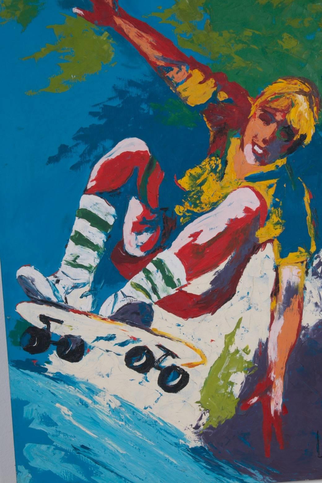Dogtown era California skateboarder oil painting, Lipsett, 1978.
This vibrant abstract painting on canvas measures 40" high x 30" wide x 2" deep. Primary colors burst off the canvas and the energy of skateboard motion exudes from the
