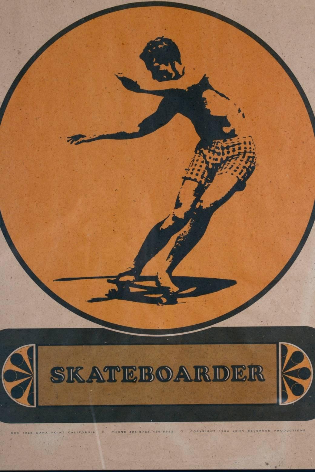 This 1964 skateboard poster, is all original and extremely rare. The striking black graphic on burnt orange background shows an iconic image of champion skateboarder and Duke Kahanamoku Team Surfer Joey Cabell carving a classic turn. The photograph