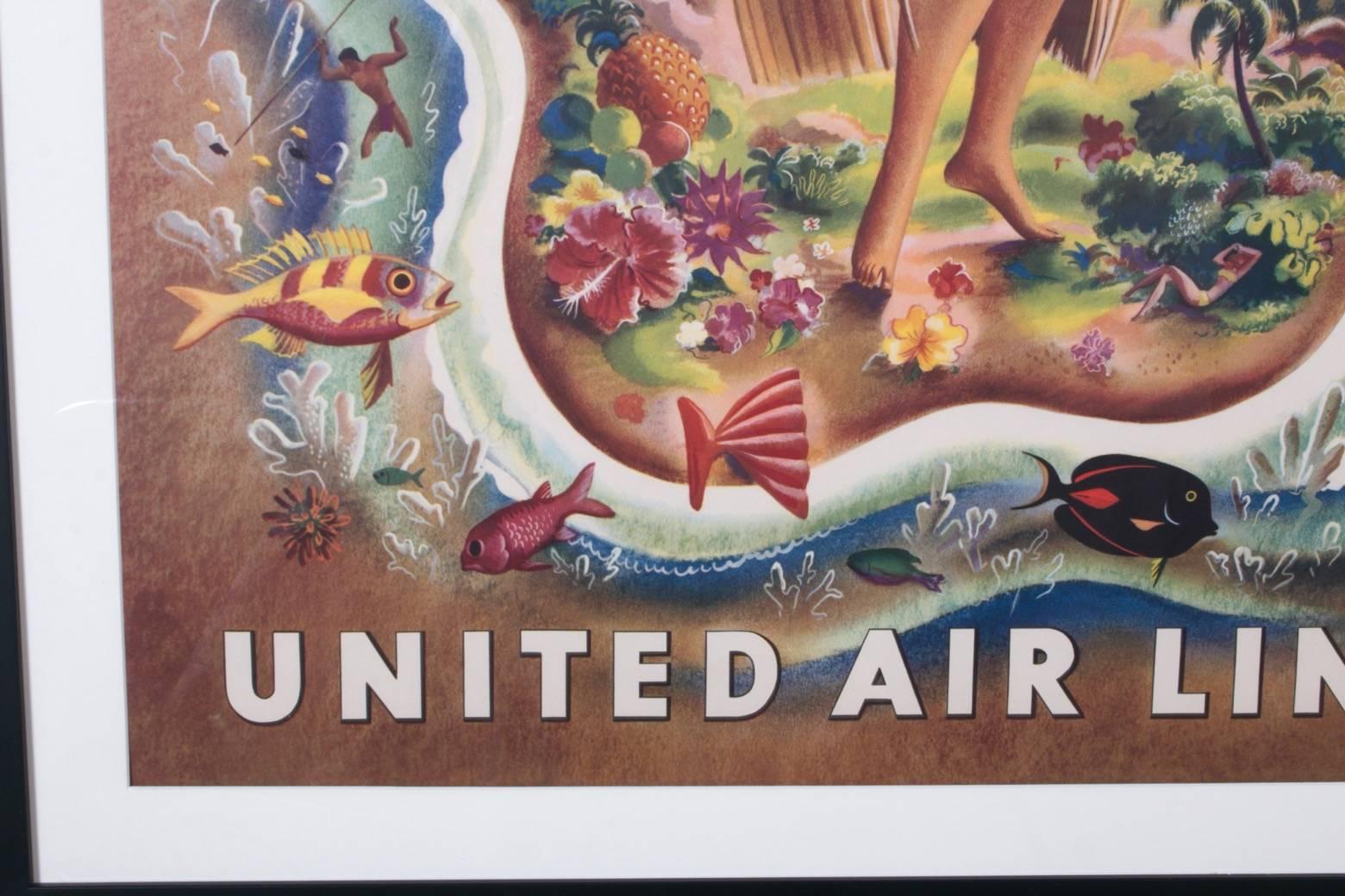 Original 1949 United Air Lines Hawaii Travel Poster Featuring Hula Girl Dancing  In Excellent Condition In Los Angeles, CA